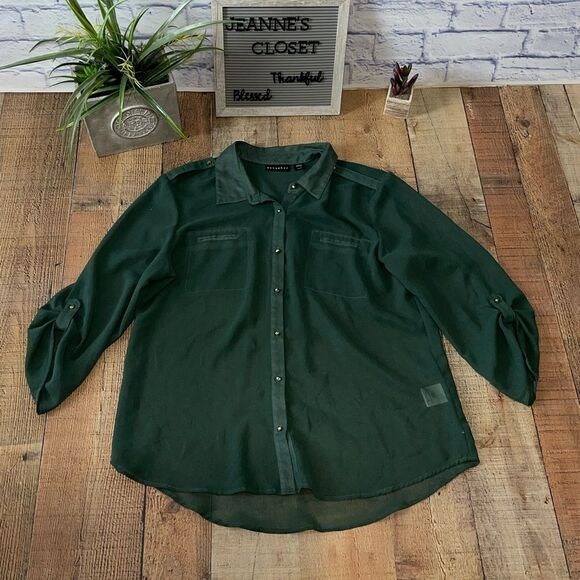 METAPHOR hunter Green Sheer Tab Sleeve Button Front Blouse - Picture 9 of 13